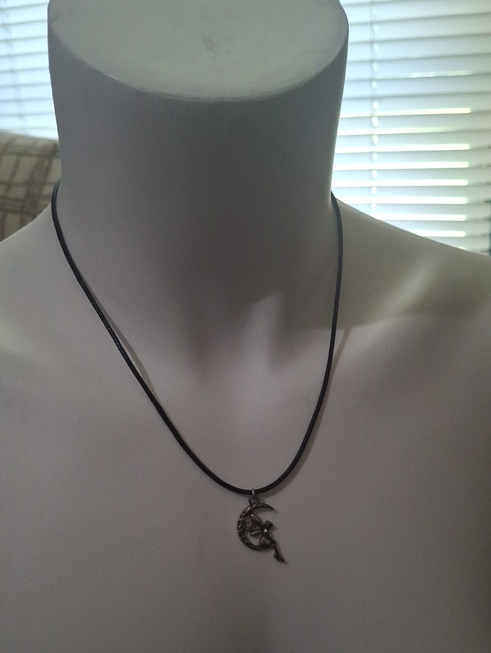 Leather Cord Necklace with Crescent Moon & Fairy Pendant - Black
